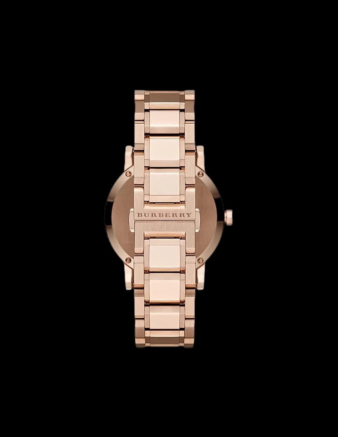 Boîtier Burberry BU9353 en acier et or rose 44mm, lunette fixe polie, verre saphir, couronne et poussoirs chronographe