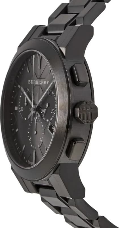 Cadran Burberry BU9354 avec index appliqués argentés, aiguilles dauphine, guichet date à 3h, compteurs chronographe