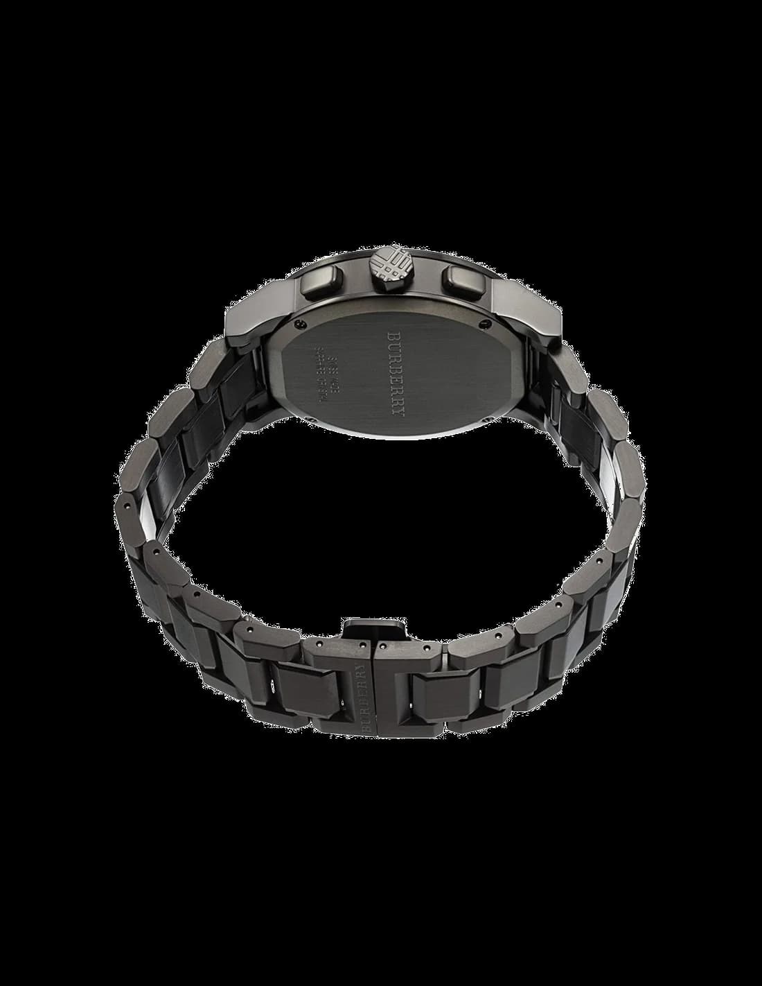 Boîtier Burberry BU9354 en acier noir, lunette fixe lisse, verre saphir, couronne cannelée, poussoirs rectangulaires, étanche 100m