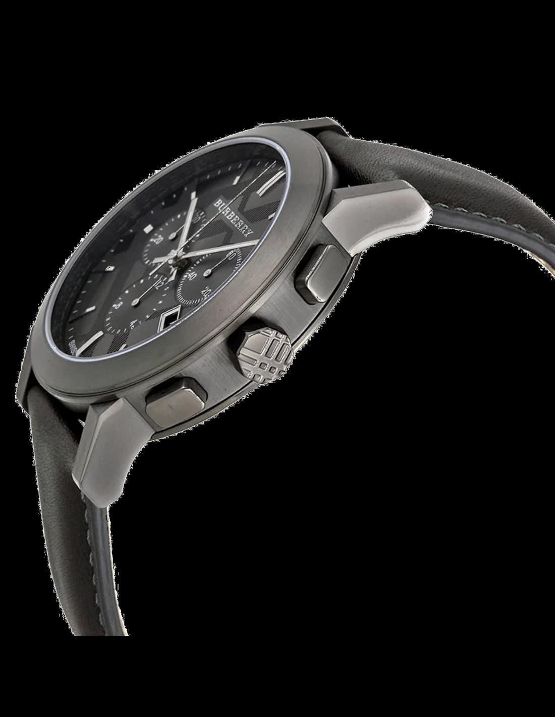 Bracelet Burberry BU9364 en cuir noir cousu, boucle ardillon dorée et motif check subtil