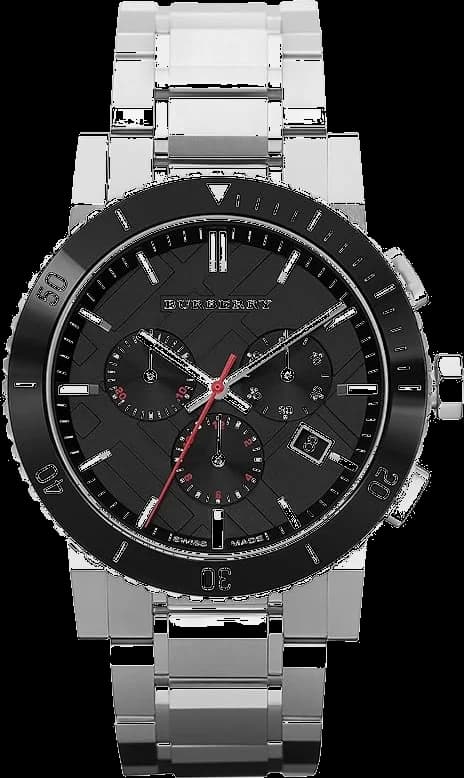 Montre Burberry BU9380 avec cadran noir soleil, aiguilles luminescentes et index appliqués, style sport chic