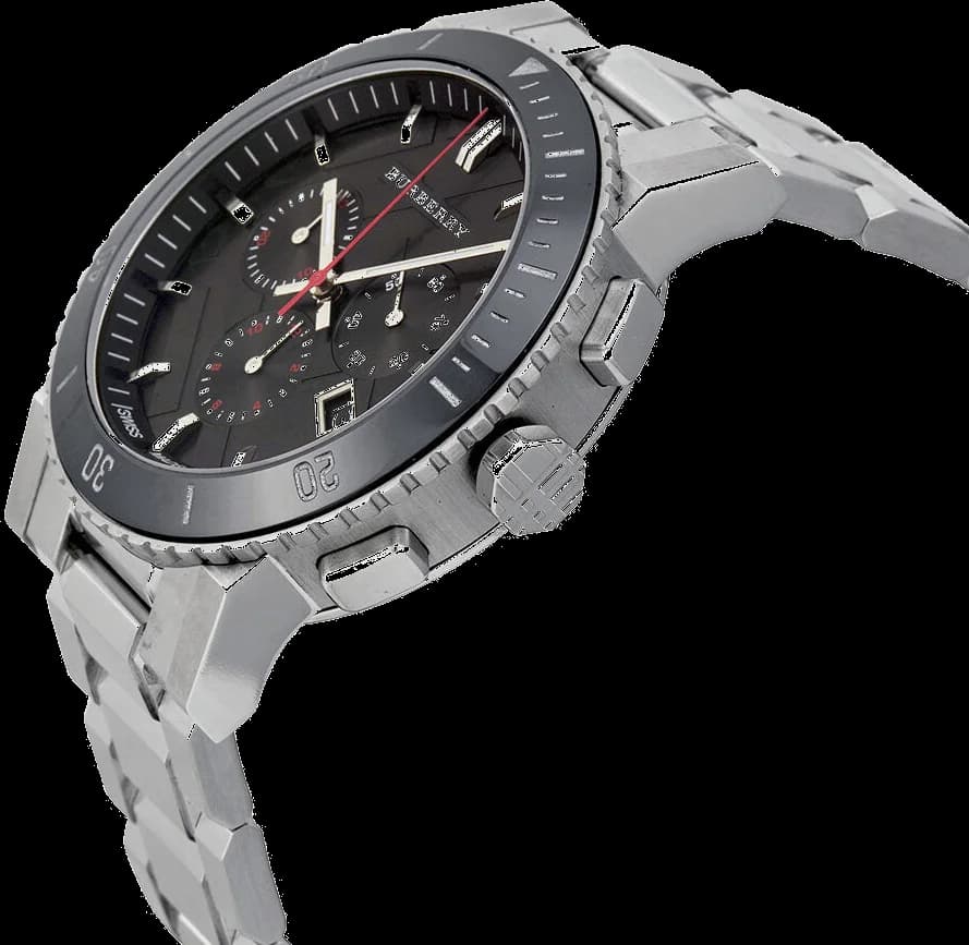 Cadran Burberry BU9380 aux index bâtons argentés, aiguilles dauphine, guichet date à 3h, motif rayé iconique