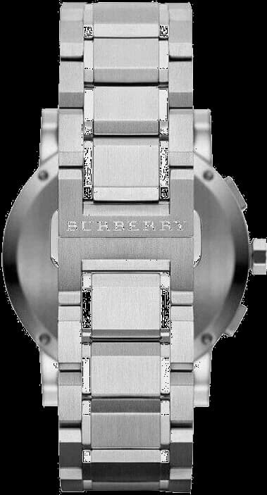 Boîtier Burberry BU9380 en acier inoxydable poli-brossé, lunette fixe lisse, couronne crantée, verre saphir antireflet