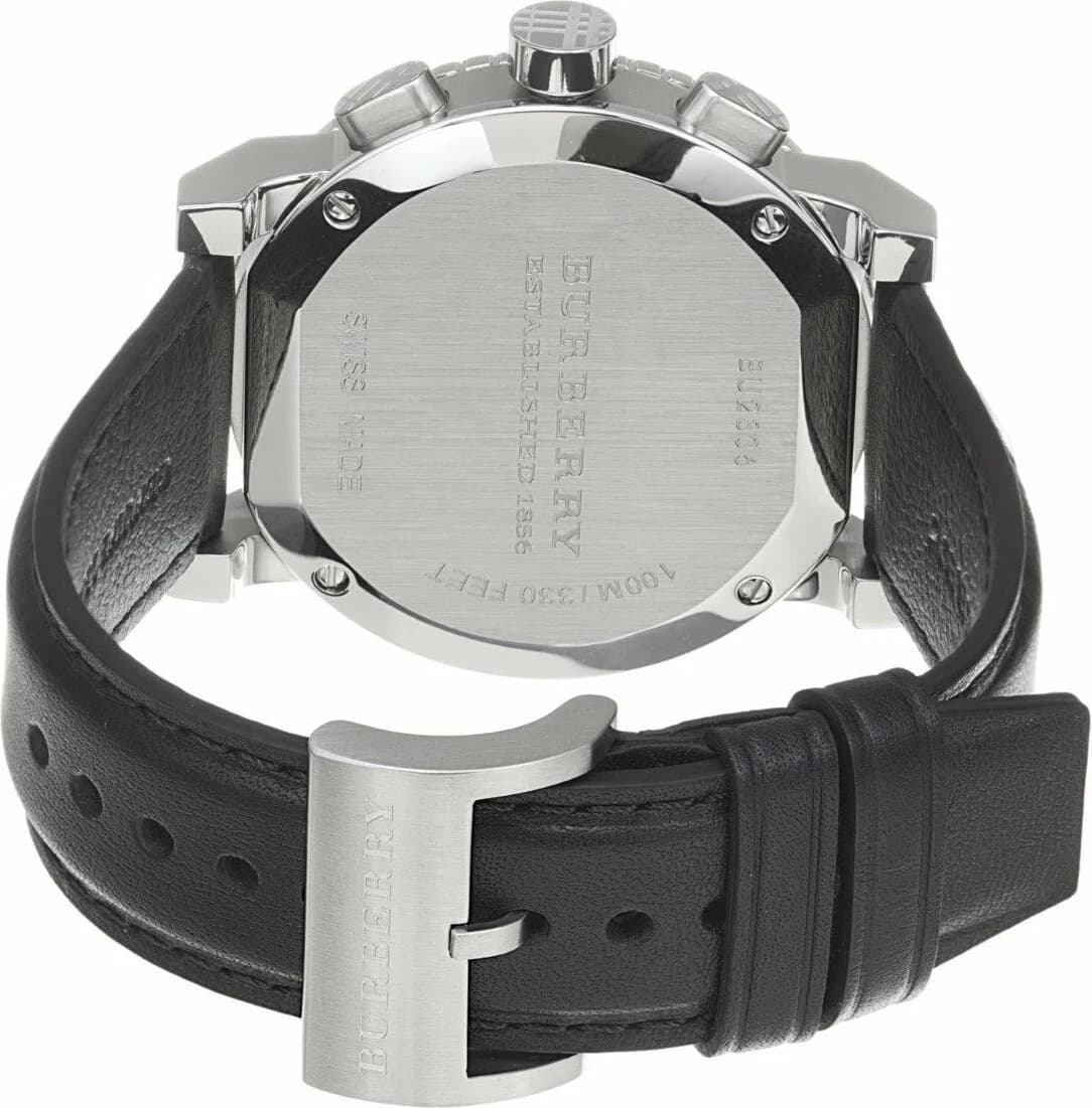Bracelet Burberry BU9382 en cuir noir mat avec coutures contrastées et boucle ardillon en acier
