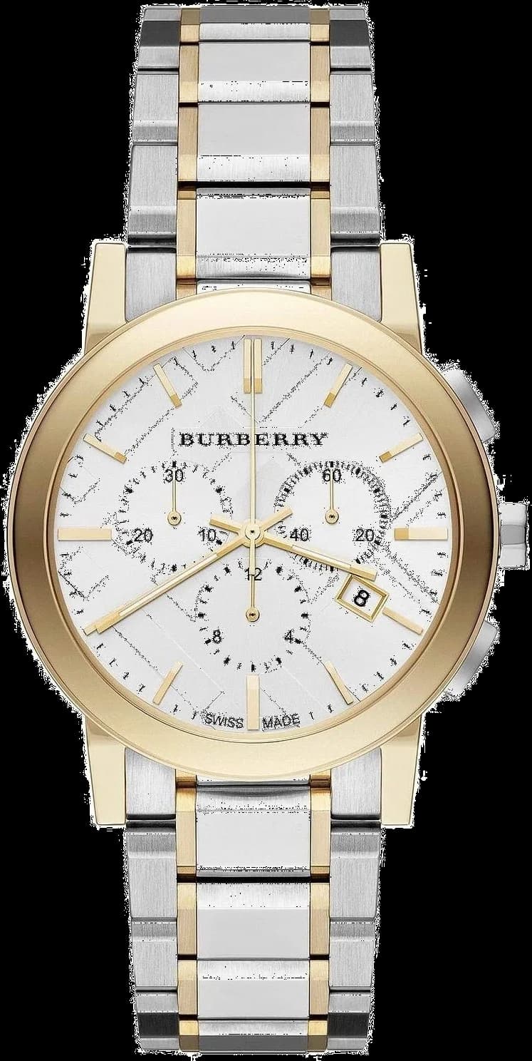 Montre Burberry BU9751 au cadran argenté avec index bicolores et aiguilles dorées, style chic et élégant