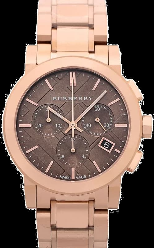 Montre Burberry BU9754 au cadran marron soleillé, boîtier acier et or rose, style élégant et moderne