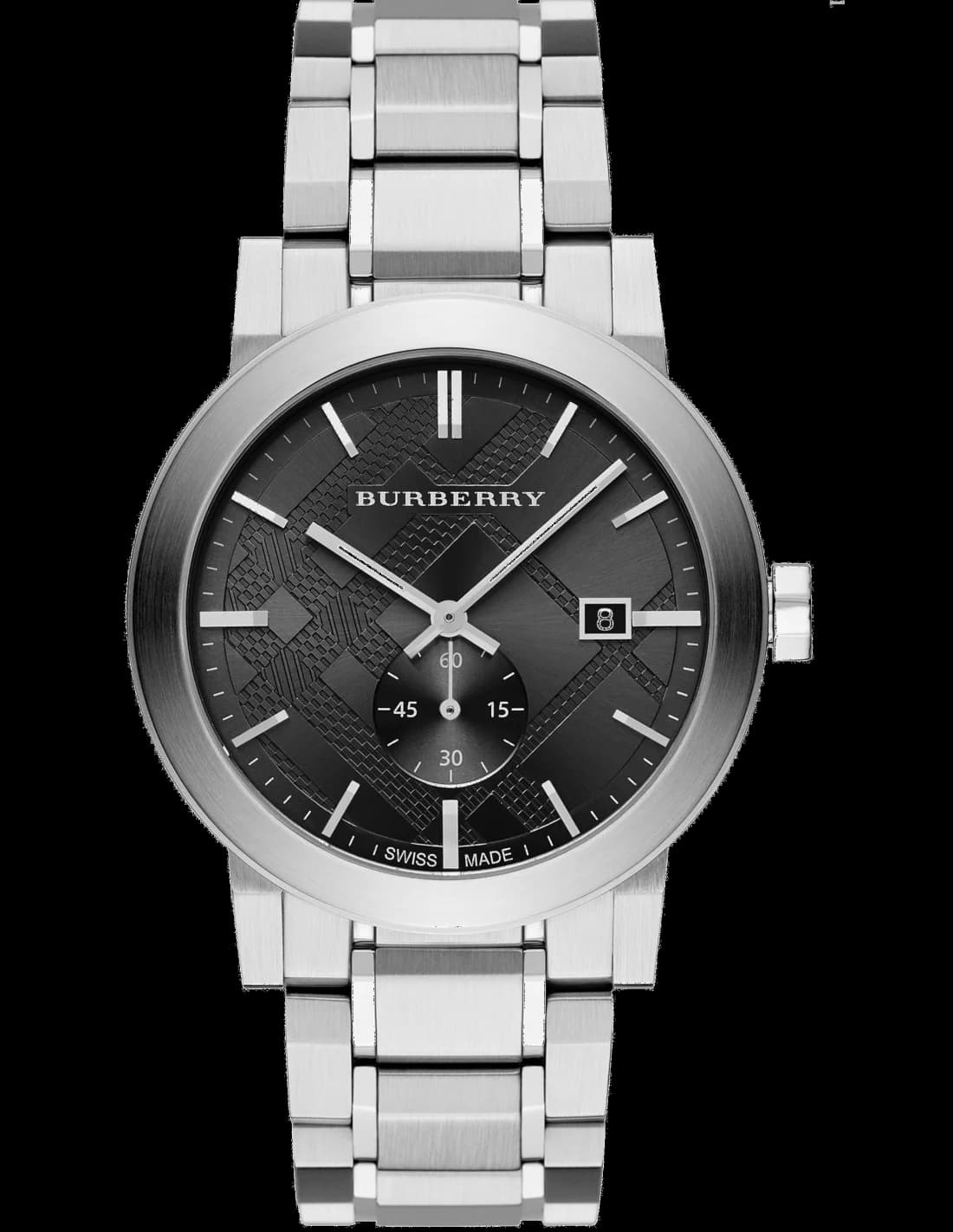 Montre Burberry BU9901 au cadran noir élégant, aiguilles argentées et index bâtons, style classique chic