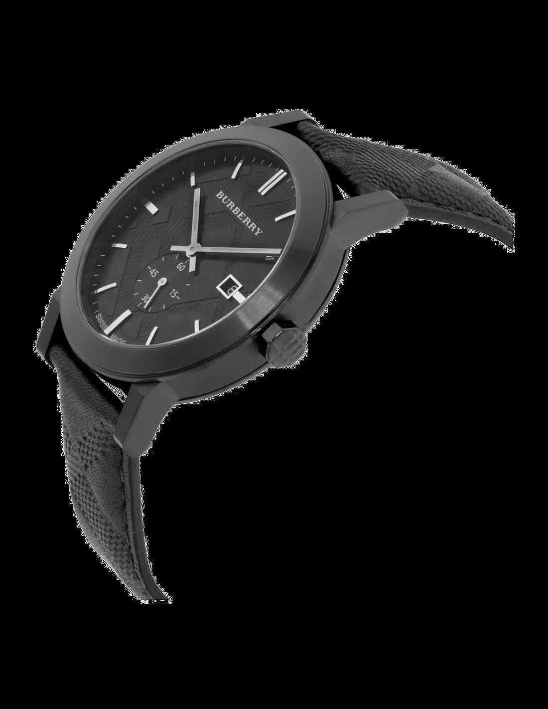Cadran Burberry BU9906 détail des aiguilles dauphine argentées et index bâtons, date à 3h