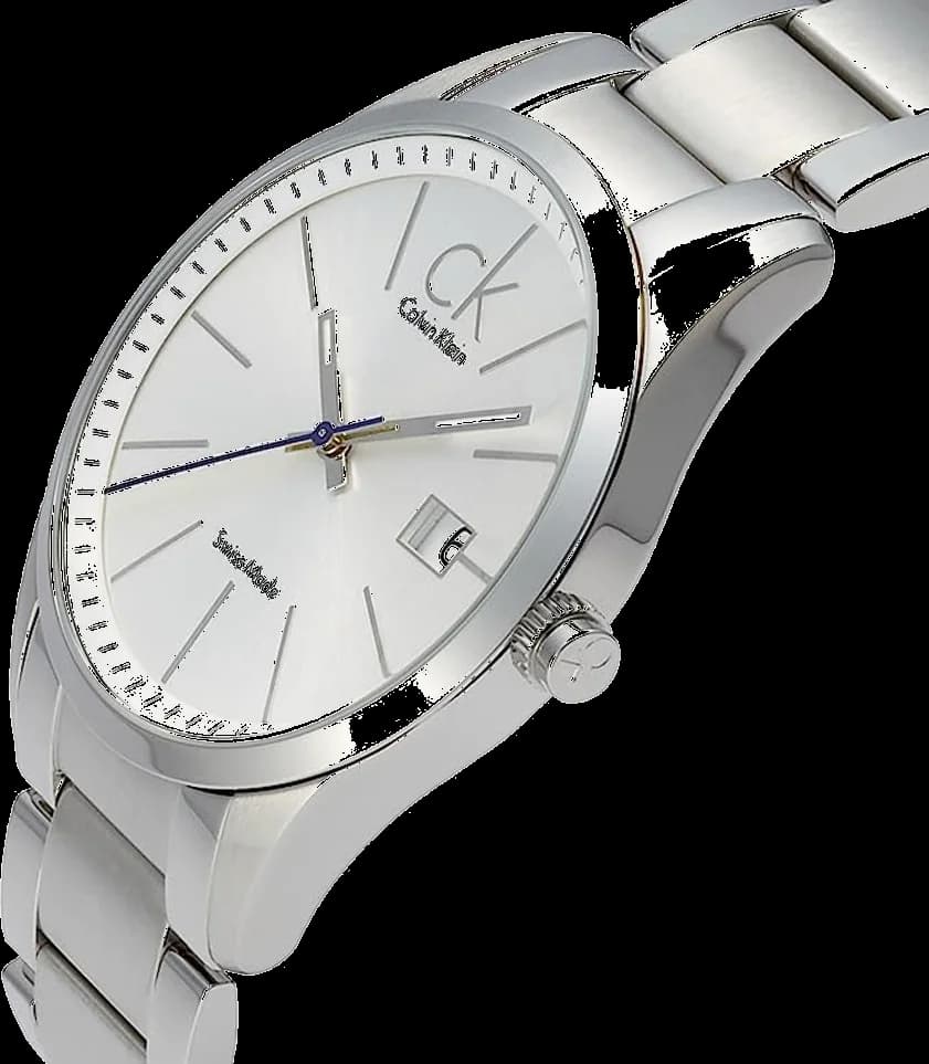 Cadran Calvin Klein K2246120 à index bâtons argentés, aiguilles fines, date à 3h, design sobre