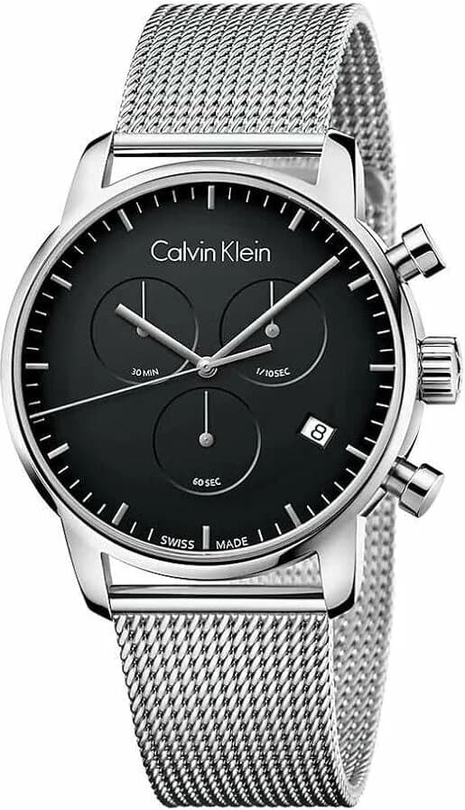 Montre Calvin Klein K2G27121 en acier brossé, cadran noir soleil, chronographe trois compteurs, look minimaliste et moderne