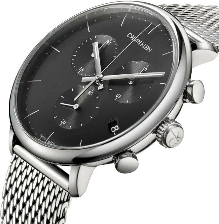 Cadran Calvin Klein K2G27121 noir soleil avec index bâtons argentés, aiguilles luminescentes, guichet date à 4h30, compteurs noirs