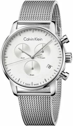 Montre Calvin Klein K2G27126 avec cadran noir soleil, index bâtons argentés et aiguilles luminescentes, style minimaliste élégant
