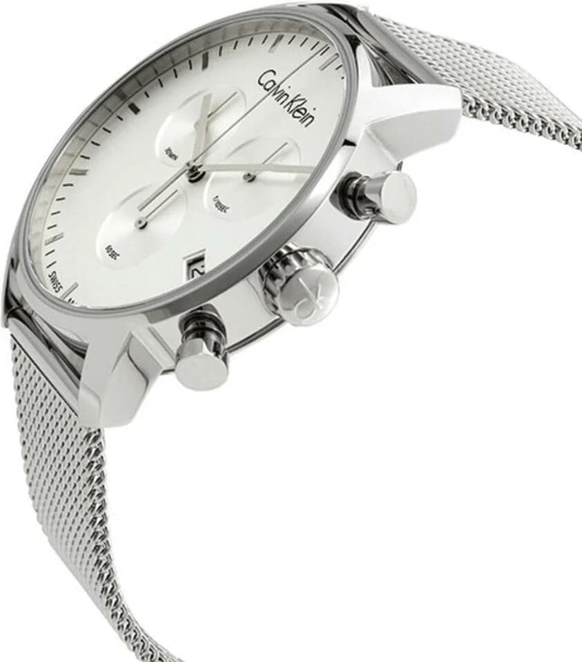 Cadran Calvin Klein K2G27126 avec compteurs chronographe à 6h, 9h et 12h, guichet date à 4h, index appliques et aiguilles facettées