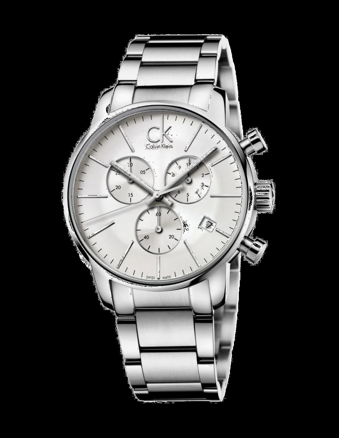 Montre Calvin Klein K2G27146 avec cadran blanc, index bâtons, aiguilles argentées et affichage date à 3h