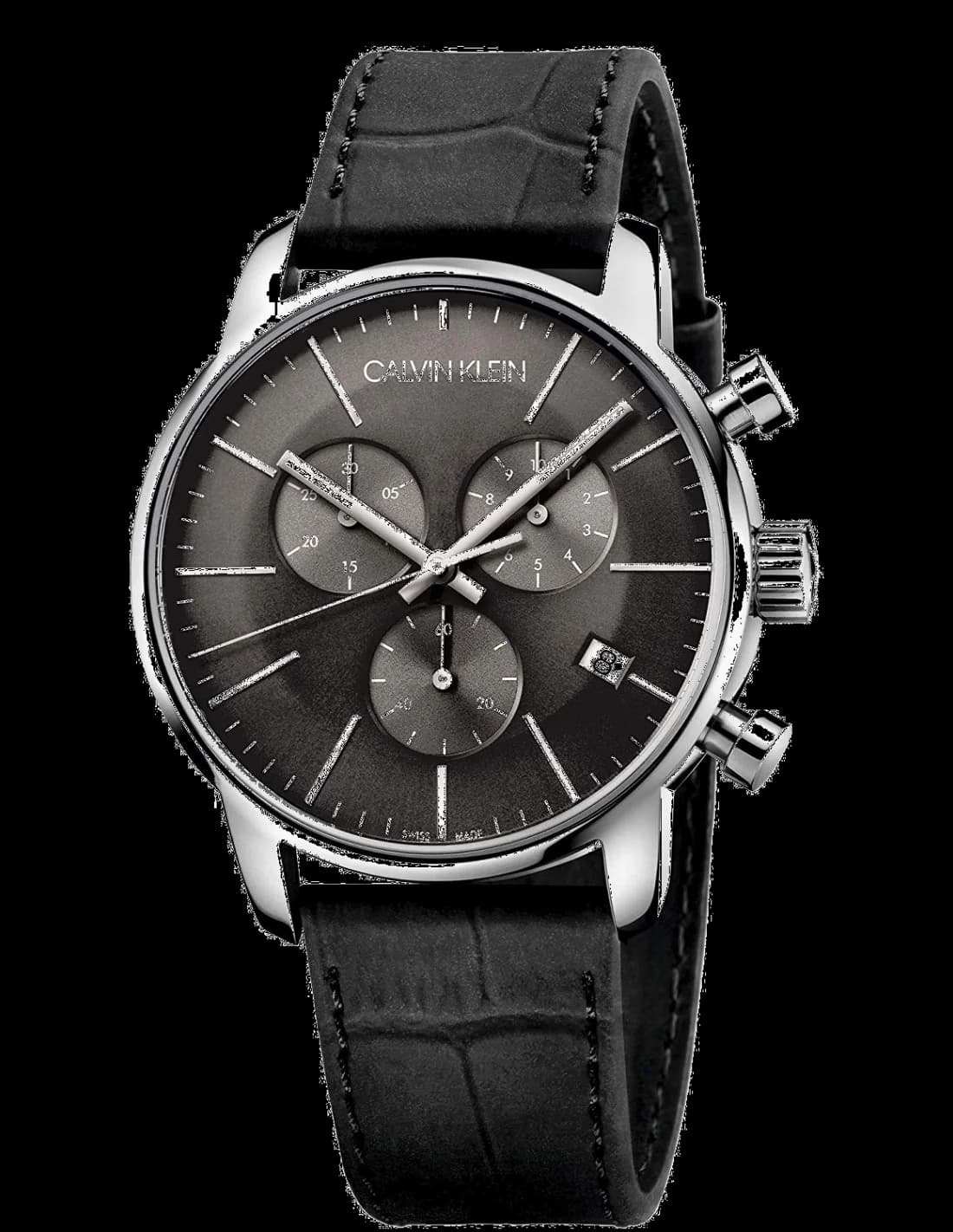 Montre Calvin Klein K2G271C3 au cadran noir soleillé, aiguilles argentées et index bâton, style épuré et moderne