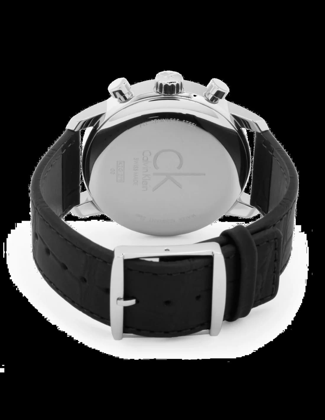 Cadran Calvin Klein K2G271C6 avec sous-cadrans chronographe, date à 4h30, aiguilles argentées et index appliqués sur fond noir mat