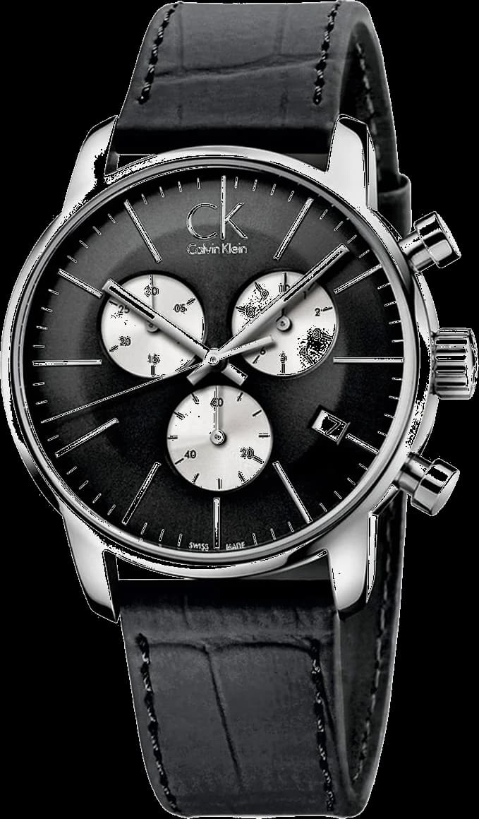 Montre Calvin Klein K2G271CX noire au cadran noir soleil, index bâtons argentés et aiguilles chronographe, style minimaliste chic