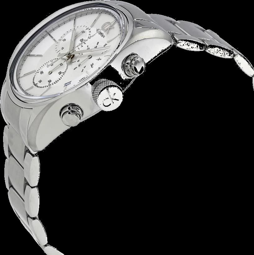 Cadran Calvin Klein K2H27126 au cadran noir affichant trois compteurs chronographe, guichet date à 4h30 et index bâtons