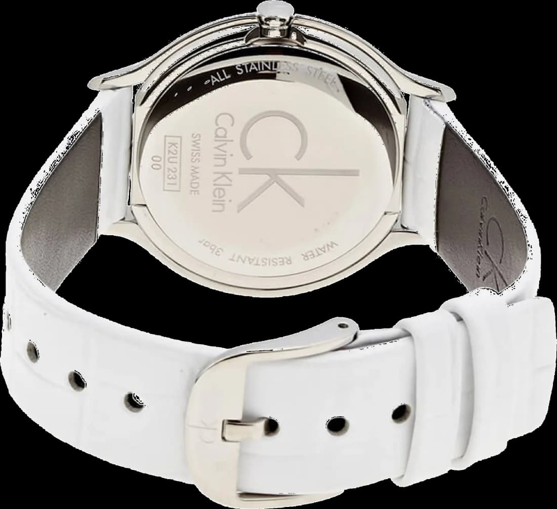 Bracelet Calvin Klein K2U231K6 en cuir blanc souple, boucle ardillon argentée, style élégant et féminin