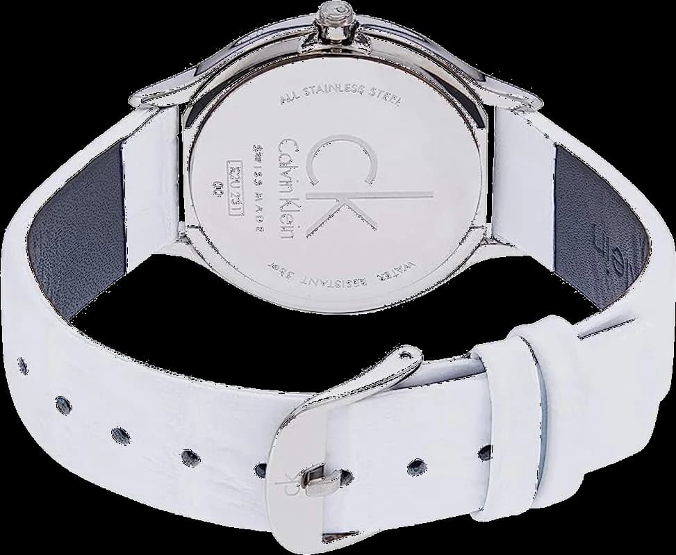 Bracelet Calvin Klein K2U231KW en cuir blanc avec boucle ardillon dorée, élégant et raffiné