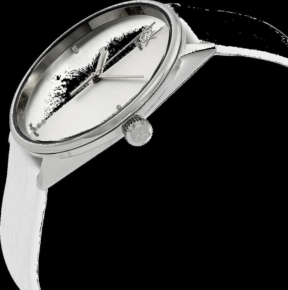 Cadran Calvin Klein K2Y2X1KW blanc épuré avec éclats de diamants sur les index et aiguilles fines bâtons