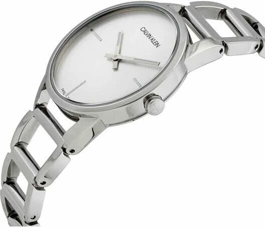 Cadran Calvin Klein K3G23126 blanc aux index bâtons argentés, aiguilles fines et date à 3h