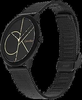 Cadran Calvin Klein K3M214X1 au cadran noir soleil avec index bâtons et aiguilles argentées, sans date, épuré