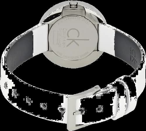 Bracelet Calvin Klein K3N231L6 en cuir blanc souple à boucle ardillon, contraste raffiné avec le boîtier argent