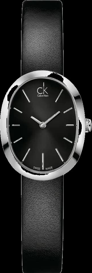 Montre Calvin Klein K3P231C1 avec cadran noir et bracelet cuir marron, design élégant et minimaliste