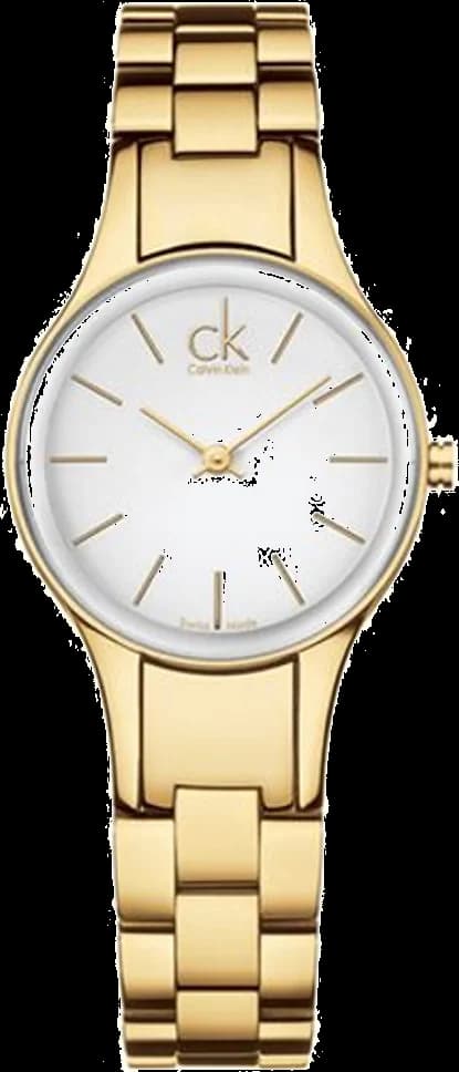 Montre Calvin Klein K4323212 au cadran blanc laqué, aiguilles dorées et index bâtons, design minimaliste chic