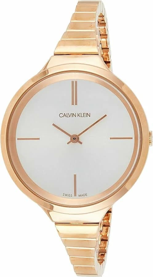 Montre Calvin Klein K4U23626 acier or rose avec cadran blanc et index dorés, design élégant et minimaliste