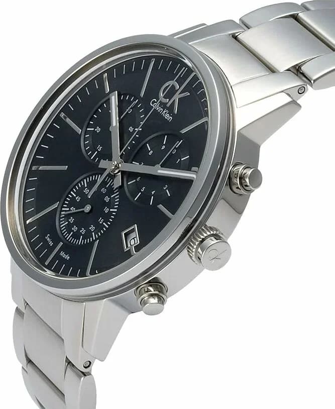 Cadran Calvin Klein K7627161 noir avec index appliques argentés, aiguilles dauphine et guichet date à 4h30