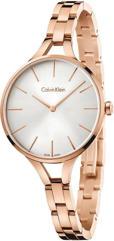 Montre Calvin Klein K7E23646 en acier or rose avec cadran blanc et index dorés, style minimaliste et élégant