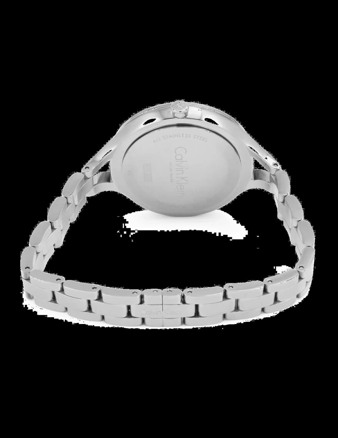 Cadran Calvin Klein K7E23B46 avec index bâtons argentés, aiguilles fines et date à 3h, design épuré moderne