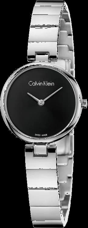 Montre Calvin Klein K8G23141 avec cadran noir soleil et index lumineux sur fond argenté