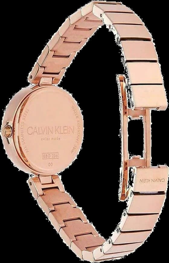 Boîtier Calvin Klein K8G23646 rond en acier doré rose, lunette lisse et profil fin pour un look élégant