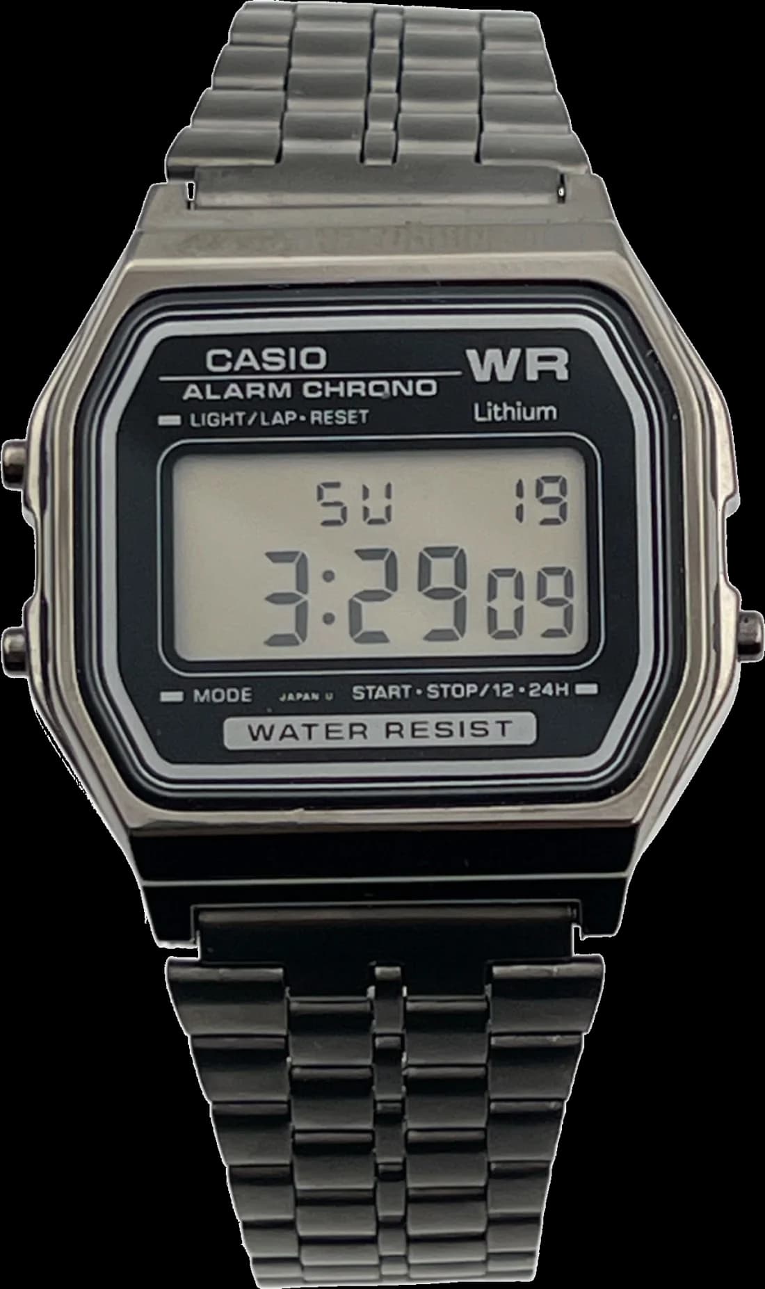 Montre Casio A158WETB-ADF au cadran noir digital avec affichage rétroéclairé et boîtier métal noir style vintage