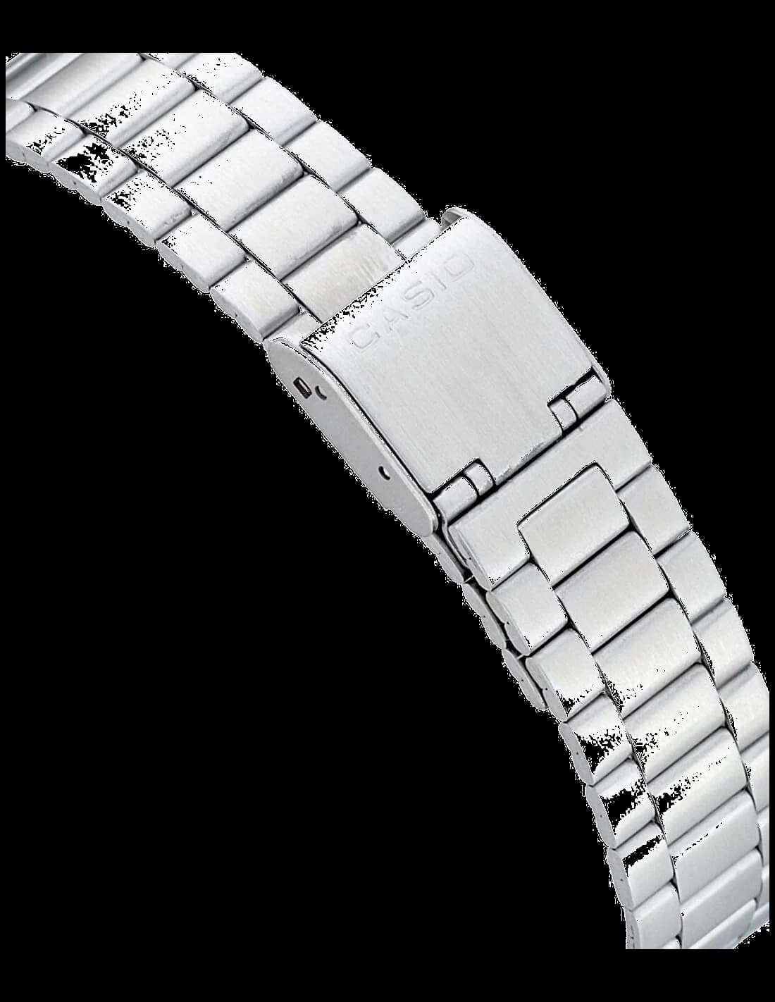 Cadran Casio A168WA-1YES avec affichage numérique, éclairage Illuminator bleu et détails chronographe
