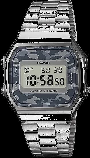 Montre Casio A168WEC-1EF au cadran camouflage gris et boîtier argenté, style rétro numérique