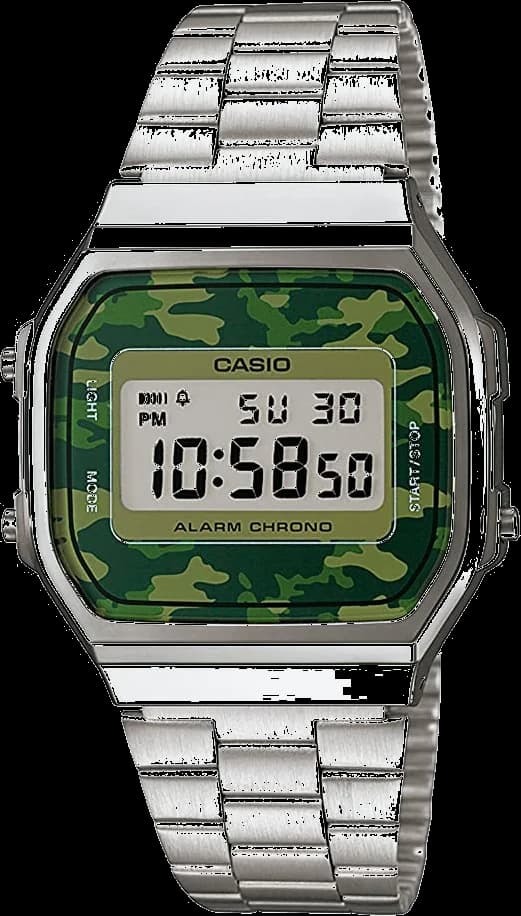 Montre Casio A168WEC-3EF avec cadran camouflage militaire vert olive et gris, affichage digital rétro-éclairé