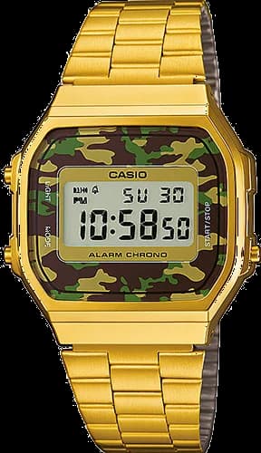 Montre Casio A168WEGC-3EF au cadran camouflage vert militaire avec boîtier doré et affichage numérique rétro-élégant