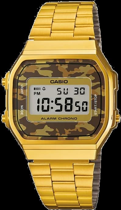 Montre Casio A168WEGC-5EF au cadran camouflage marron et boîtier métal doré, style rétro chic