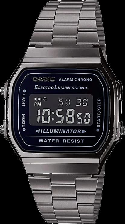 Montre Casio A168WEGG-1BEF en métal noir avec cadran digital rétro-éclairé et finitions dorées