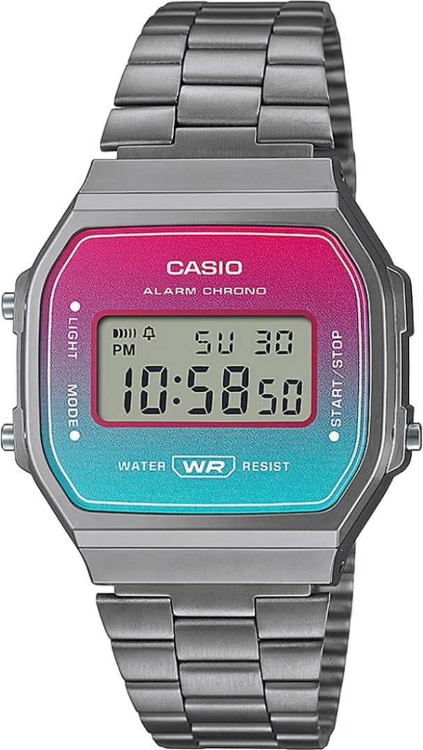 Montre Casio A168WERB-2AEF au cadran turquoise et rose sur fond anthracite, style rétro numérique