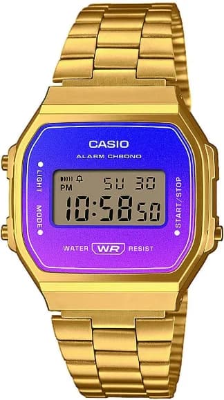 Montre Casio A168WERG-2AEF au cadran dégradé violet-rose et boîtier doré, style rétro chic