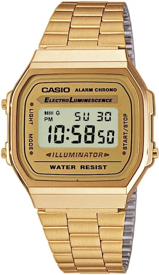 Montre Casio A168WG-9EF avec cadran doré et affichage digital rétro-éclairé, style classique et élégant