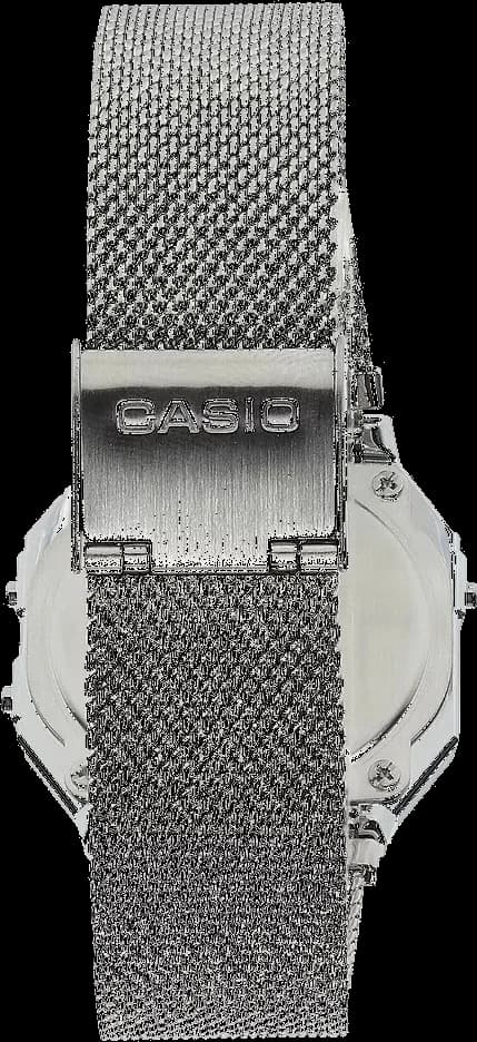 Cadran Casio A700WEM-1A avec affichage numérique double fuseau, rétroéclairage bleu, index digitaux et aiguilles analogiques fines