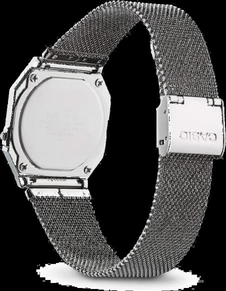 Boîtier Casio A700WEM-1A rectangulaire en acier inoxydable brossé, verre minéral, profil fin de 7,8 mm, couronne latérale