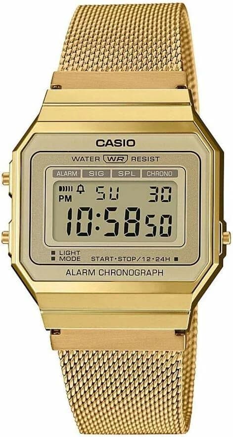 Montre Casio A700WEMG-9AEF au boîtier doré et cadran digital rétro-élégant sur fond noir