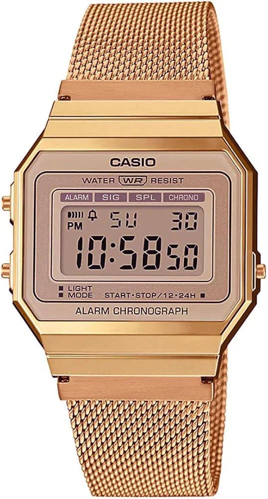 Montre Casio A700WMG-5DF avec cadran doré brossé et boîtier fin en acier doré rose, style rétro chic